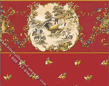 (image for) Dollhouse Scale Model Wallpaper Chicken Toile on Red Pattern