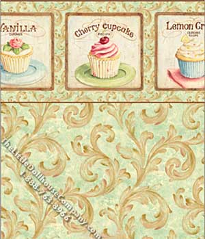 (image for) Aqua Cupcake Scroll Pattern Miniature Wallpaper for Dollhouses
