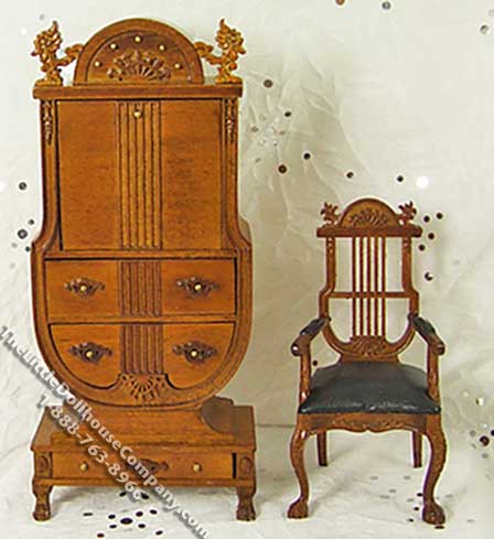 (image for) Miniature Walnut Secretary Desk and Chair Set for Dollhouses
