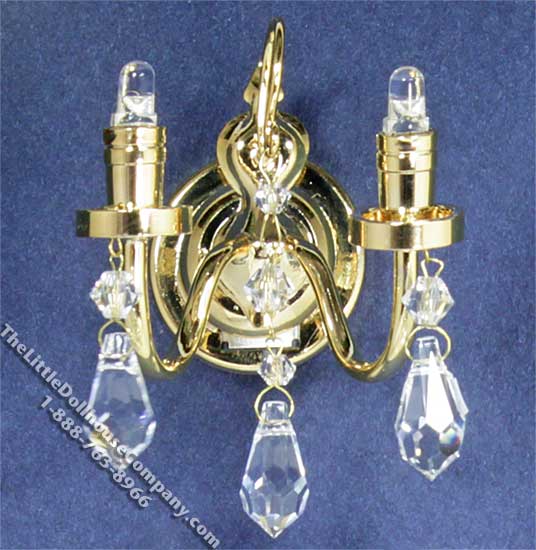Miniature Two Arm Battery Operated Brass Crystal Sconce [SUT W4(S)] The Little Dollhouse Company