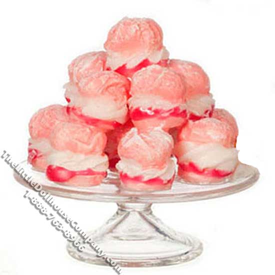 (image for) Miniature Strawberry Cream Puffs on Cake Stand for Dollhouses
