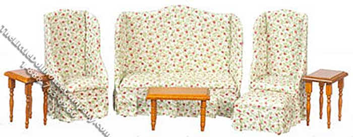 (image for) Miniature 7pc Floral Fabric Living Room Set for Dollhouses