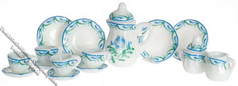(image for) Miniature Light Green Floral 17pc Tea Set for Dollhouses