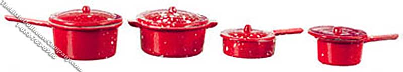 (image for) Miniature Set of 4 Red Spatterware Pots w/lids for Dollhouses