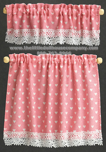 (image for) Miniature Cottage Style Curtains Set, Nursery Hearts, Pink