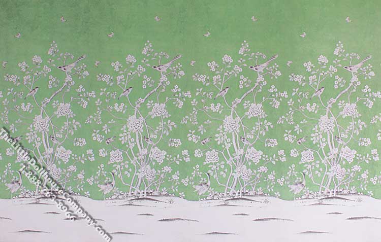 (image for) Birds on Plants, Green Background Miniature Dollhouse Wallpaper