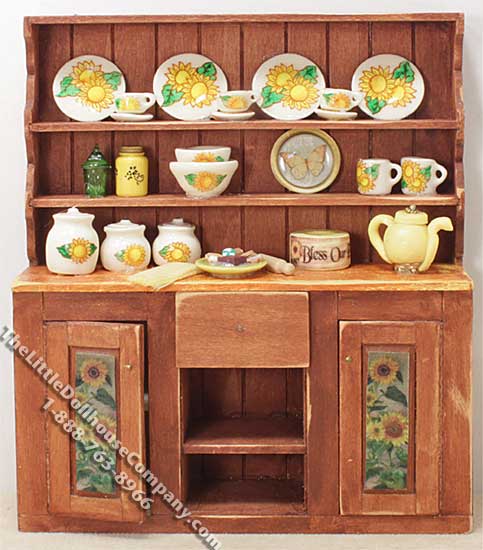 (image for) Miniature Distressed Sunflower Themed Oak Hutch for Dollhouses