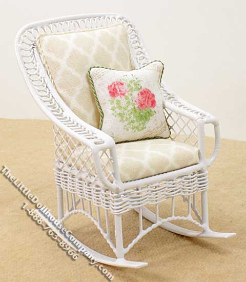 (image for) Miniature White Metal Rocker with Beige Cushions for Dollhouses