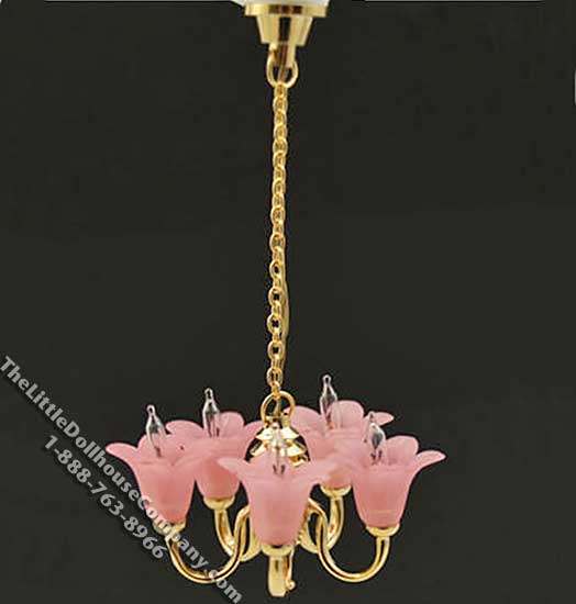 (image for) Miniature 12v Pink Tulip Shade 5 Arm Ceiling Lamp for Dollhouses