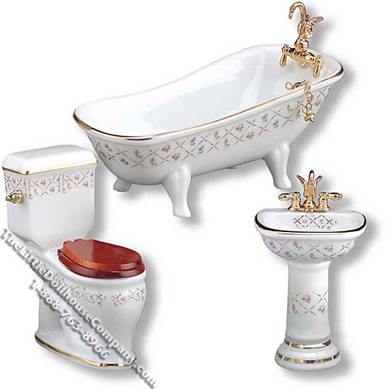 (image for) Miniature 3pc Bathroom w/Gold Crosshatch Pattern for Dollhouses