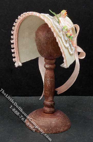 (image for) Miniature White Bonnet w/Pink Ribbon Strap for Dollhouses