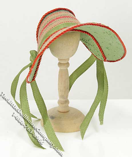(image for) Miniature Brown Bonnet w/Green Ribbon Strap for Dollhouses