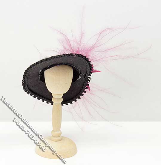 (image for) Miniature Black Ladies Hat w/Pink Feather for Dollhouses