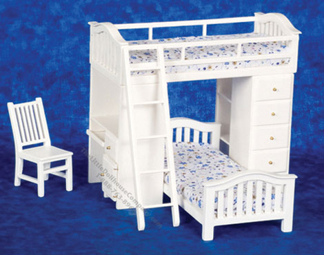 (image for) Miniature White Bunk Bed Set With Desk and Chair For Dollhouses