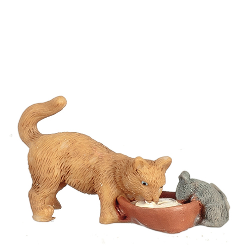 (image for) Miniature Cat and Mouse Drinking Milk for Dollhouses