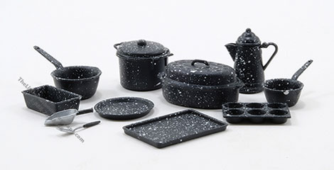 (image for) Miniature Cookware Set Black Spatterware For Dollhouse