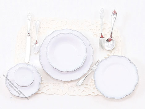 (image for) Miniature One Place Setting with Silver Trim For Dollhouses