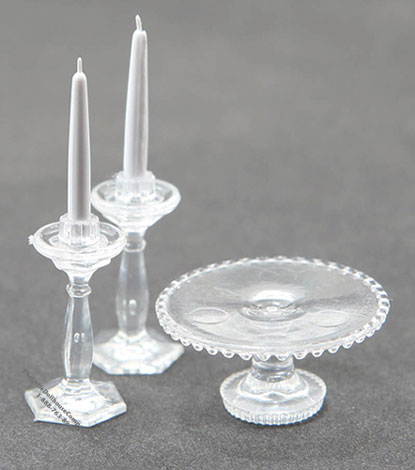 (image for) Miniature Clear Cake Plate with 2 Candlesticks For Dollhouses