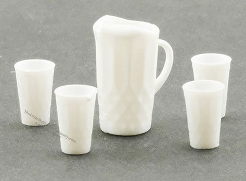 (image for) Dollhouse Scale Model White Pitcher with four Glasses