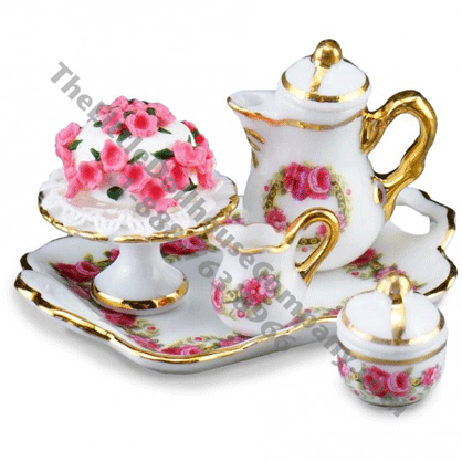 (image for) Miniature Tray With Coffee Pot And Rose Cake For Dollhouses