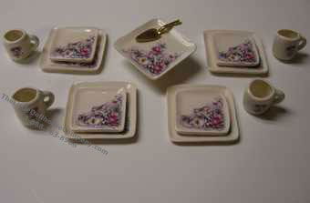 (image for) Dollhouse Scale Model Square White Floral Dessert Set