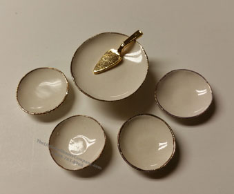 (image for) Miniature White/Gold Cake Plate with Server & 4 Dessert Plates