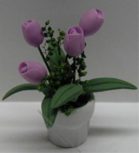 (image for) Miniature Lavender Tulips in White Pot For Dollhouses