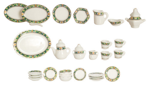 (image for) Miniature Porcelain w/Green Trim 35pc Tea Set for Dollhouses