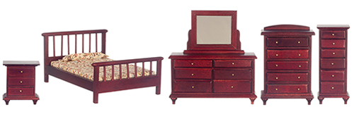 (image for) Miniature 5 Piece Mahogany Bedroom Set for Dollhouses