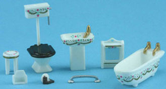 (image for) Miniature 1/4" Scale White/Pink Bathroom Set for Dollhouses