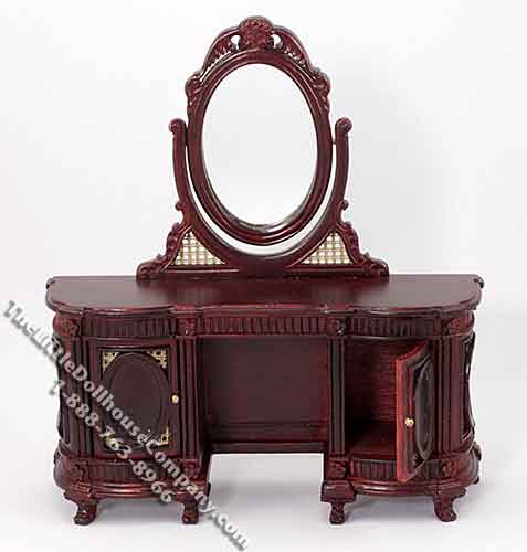 (image for) Walnut Mirrored Vanity with Wicker Accents for Dollhouses