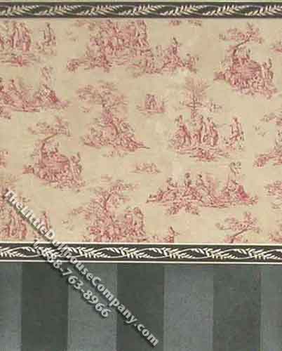 (image for) Miniature 3 pc. Pink Toile Wallpaper with Grey Striped Trim Set