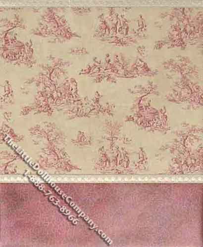 (image for) Miniature 3 pc. Pink Toile Wallpaper with Pink Wainscotting Set