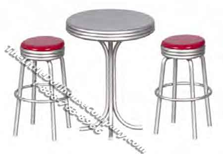 (image for) Miniature Silver Tall Table and Two Stools for Dollhouses