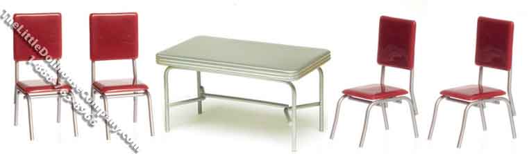 (image for) Miniature 1950's Style Table & Four Red Chairs for Dollhouses
