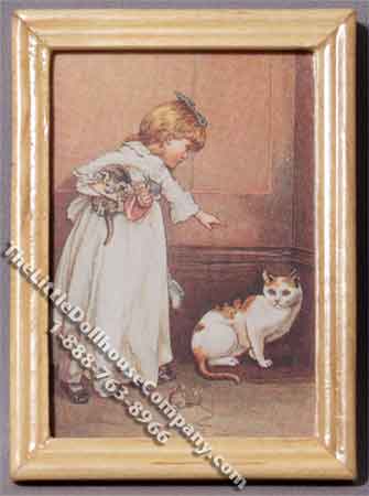 (image for) Miniature Painting of Girl with Cat in Oak Frame for Dollhouses
