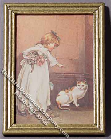 (image for) Miniature Painting of Girl with Cat in Gold Frame for Dollhouses