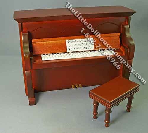 (image for) Miniature Walnut Upright Piano with Music Box for Dollhouses