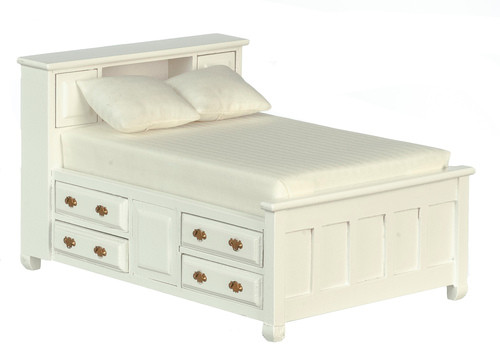(image for) Miniature White Captains Double Bed for Dollhouses