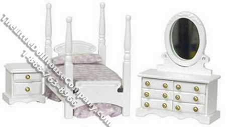 (image for) Miniature 1/2" Scale White 3 Piece Bedroom Set for Dollhouses