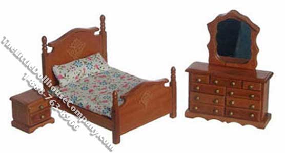 (image for) Miniature 1/2" Scale Pecan 3 Piece Bedroom Set for Dollhouses