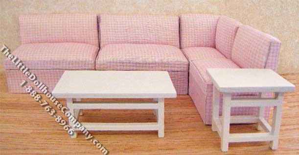 (image for) Miniature White Living Room Set with Pink Fabric for Dollhouses