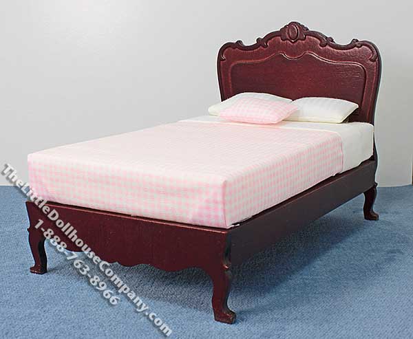 (image for) Miniature Mahogany Double Bed with Pink Linen for Dollhouses