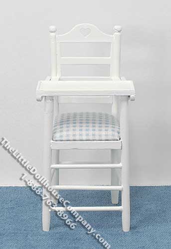 (image for) Miniature White High Chair with Blue Seat for Dollhouses