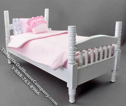 (image for) Miniature White Bed with Pink Fabric for Dollhouses