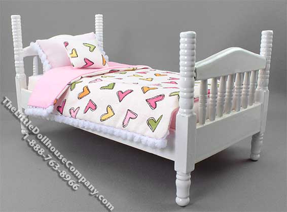 (image for) Miniature White Bed with Coloured Hearts Fabric for Dollhouses