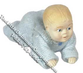 (image for) Miniature Crawling Baby in Blue Sleeper for Dollhouses