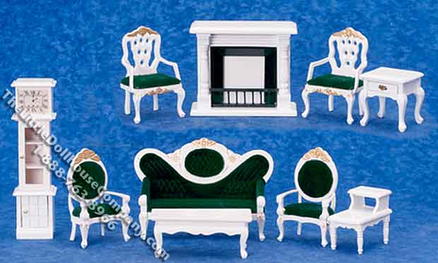 (image for) Miniature White with Green Fabric Ten Piece Living Room Set