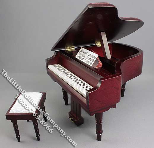 (image for) Miniature Mahogany Piano with Upholstered Stool for Dollhouses