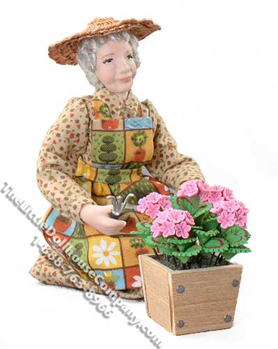 (image for) Miniature Older Woman Tending Flowers for Dollhouses